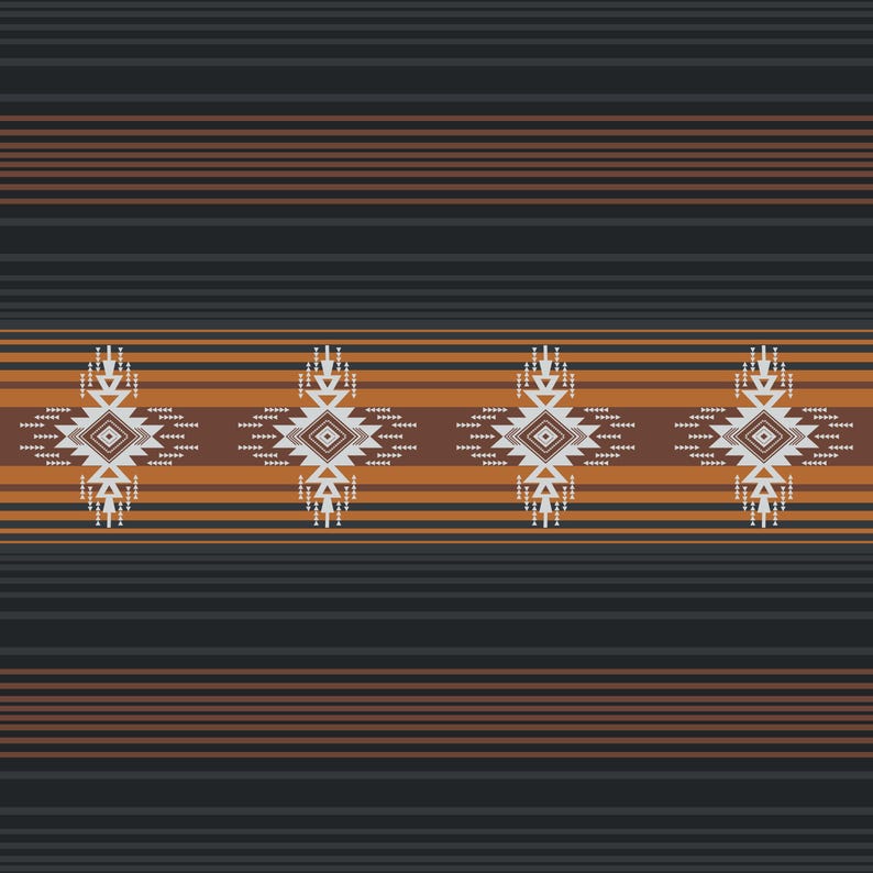 May include: A seamless pattern featuring horizontal stripes in shades of black, brown, and orange. The design includes a central band with repeating geometric diamond shapes in white, brown, and orange, creating a Southwestern or Native American aesthetic.