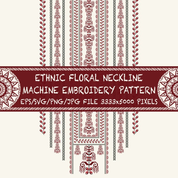 Ethnic Floral Tunic Neckline Machine Embroidery Pattern For Women Neck, Collar, Shirt, Dress, Blouse Fashion. Neckline Patch Digital File.