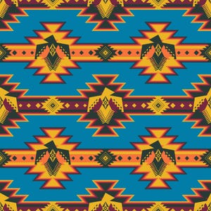 May include: A seamless pattern featuring a repeating Native American-inspired design. The pattern includes geometric shapes in shades of yellow, orange, and burgundy, set against a teal blue background. The design has a symmetrical arrangement.
