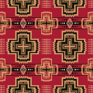 May include: A repeating pattern with crosses and geometric shapes in black, tan, and white on a red backdrop. The design incorporates diamond and triangle shapes, creating a seamless look.