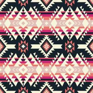 May include: Geometric pattern in shades of cream, black, pink, and coral. The design features repeating shapes, including triangles, diamonds, and horizontal stripes, creating a symmetrical and visually appealing textile design. The pattern has a Southwestern or tribal aesthetic.