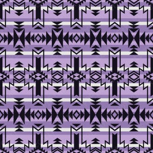 May include: A seamless pattern with a geometric design in black and purple. The pattern features a series of horizontal stripes with a repeating geometric design.