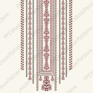 May include: A vertical design with a repeating pattern of red and black lines and shapes. The design is on a white background.
