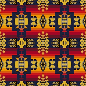 Puede incluir: Patrón geométrico repetido en tonos azul marino, dorado, rojo y naranja. El diseño presenta formas geométricas repetidas, incluyendo triángulos y formas rectangulares, creando un diseño textil simétrico y visualmente atractivo.