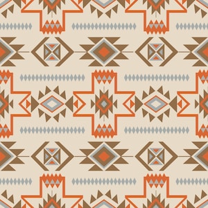 Op de afbeelding: Een naadloos patroon met een geometrisch ontwerp in tinten bruin, oranje en grijs. Het patroon heeft een herhalend motief van ruiten, driehoeken en vierkanten.