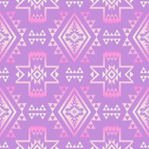 May include: A repeating pattern in lavender, pink, and off-white. The design features geometric shapes, including diamonds, triangles, and cross-like forms. The symmetrical pattern creates a decorative and soft aesthetic, suitable for various applications.