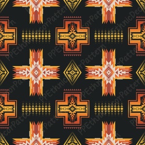 Puede incluir: Un patrón sin costuras con un diseño geométrico con un tema nativo americano. El patrón está formado por cruces repetidas con una forma de diamante en el centro. Los colores son naranja, rojo, amarillo y blanco sobre un fondo negro.