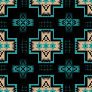 May include: A repeating pattern with geometric shapes in teal, beige, and black. The design features cross-like forms with detailed elements, triangles, and diamond shapes, forming a symmetrical pattern. The style evokes Native American art, with a bold, graphic quality.
