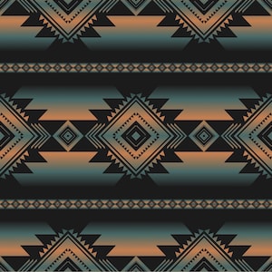 May include: A seamless pattern with a geometric design in shades of brown, teal, and black. The pattern features a repeating motif of triangles, squares, and diamonds.