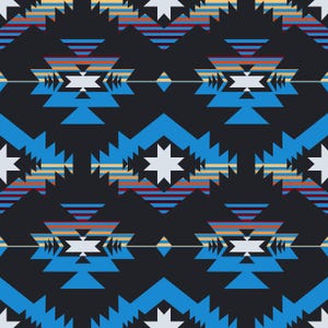 May include: A repeating geometric pattern on a black background featuring stylized star shapes and stepped diamond motifs in shades of bright blue, light blue, orange, red, and white, creating a symmetrical and intricate graphic design.