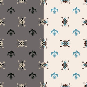 Puede incluir: Un patrón textil continuo con motivos geométricos de aves y formas de diamante que se repiten. El lado izquierdo muestra gráficos negros y beige sobre un fondo gris oscuro, mientras que el derecho presenta tonos azules y marrones sobre crema.