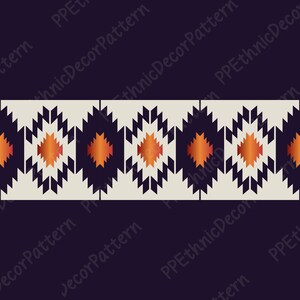 Puede incluir: Un patrón sin costuras con un diseño geométrico que presenta un patrón repetitivo de diamantes naranjas y blancos sobre un fondo morado oscuro.