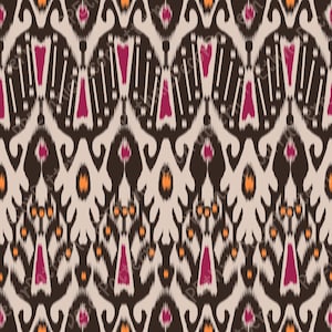 Może przedstawiać: Wzór bez szwów z wzorem ikat w kolorze brązowym, pomarańczowym i różowym. Wzór składa się z powtarzających się geometrycznych kształtów i zwojów.