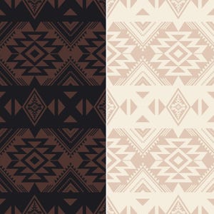 May include: A seamless pattern featuring geometric tribal designs in two colour schemes. One side displays dark brown and black patterns, the other beige and light brown. The patterns include diamond, triangle, and zigzag shapes.