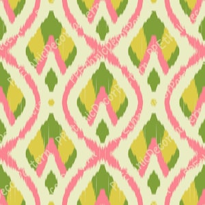 May include: A seamless pattern with a geometric design in shades of pink, green, and yellow. The pattern is made up of repeating diamond shapes with a textured, ikat-like effect.