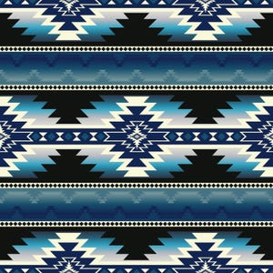 May include: A seamless pattern with a geometric design in shades of blue, white, and black. The pattern features a repeating motif of triangles and diamonds.