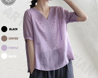 Classic Cotton Linen Blouses V-neck Embroidery Loose Top Casual Workwear Natural Tunic Summer Tops Blouses Half Sleeves Shirts For Women