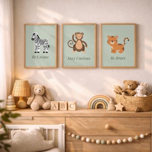 Safari Nursery Wall Art Set of 3 Tiger Zebra Monkey Baby Animal Prints Neutral Nursery Decor Green Kids Room Inspirational Quote Prints