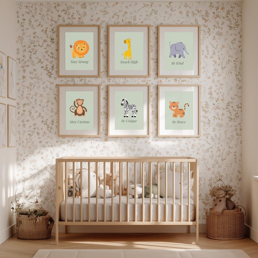 Sage Green Safari Nursery Wall Art Set of 6, Animal Prints With ...
