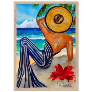 May include: Watercolor painting of a person relaxing on a beach, wearing a large yellow hat and blue and white striped pants. A red flower is in the foreground. The artwork is framed in a light wood frame.