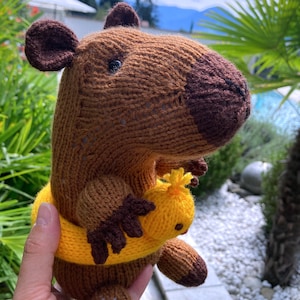 May include: A knitted brown capybara plush toy with dark brown accents, wearing a yellow life preserver. The plush toy is holding a smaller yellow chick-like toy. The capybara has dark brown ears and a dark brown nose.