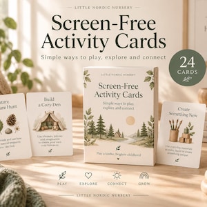 May include: A deck of 24 Screen-Free Activity Cards by Little Nordic Nursery in a rectangular box. The box and cards feature illustrations of nature, a cozy den, and art supplies with text including Screen-Free Activity Cards and Play, Explore, Connect, Grow.