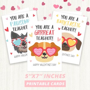 3 Unique Dog Teacher Valentine&#39;s Cards, Valentine Classroom Teacher Appreciation Card, Instant Download, Personalize DIY,  5&quot;x7&quot;