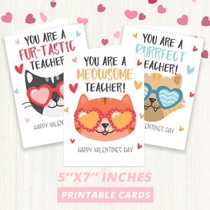 3 tarjetas únicas de San Valentín para profesores de gatos, tarjeta de agradecimiento para profesores de aula de San Valentín, descarga instantánea, personalización, 5 "x 7"