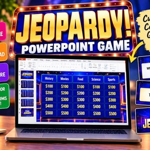 Puede incluir: Una pantalla de computadora portátil muestra un juego de Jeopardy! en PowerPoint con categorías como Historia, Películas, Comida, Ciencia y Deportes. La pantalla muestra valores de puntos de 100 a 500. Cuadros de texto muestran ejemplos.