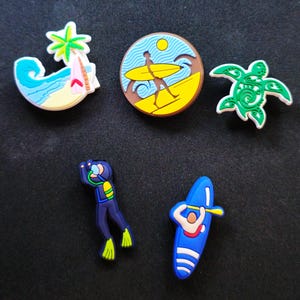 Beach Holiday PVC Shoe Charms: Surfing, Turtle & Kayak Clog Pins, Summer Gift