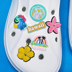 Könnte beinhalten: Weißer Schuh mit mehreren bunten Charms. Zu den Charms gehören eine gelbe Hibiskusblüte, eine rosa Blume, ein Charm mit dem Wort "Hawaii" und ein Charm mit den Worten "Summer Vibes" und einem Regenbogen. Weitere Charms zeigen Palmen.