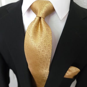 Gold Solid Silk Tie Pocket Square and Cufflinks