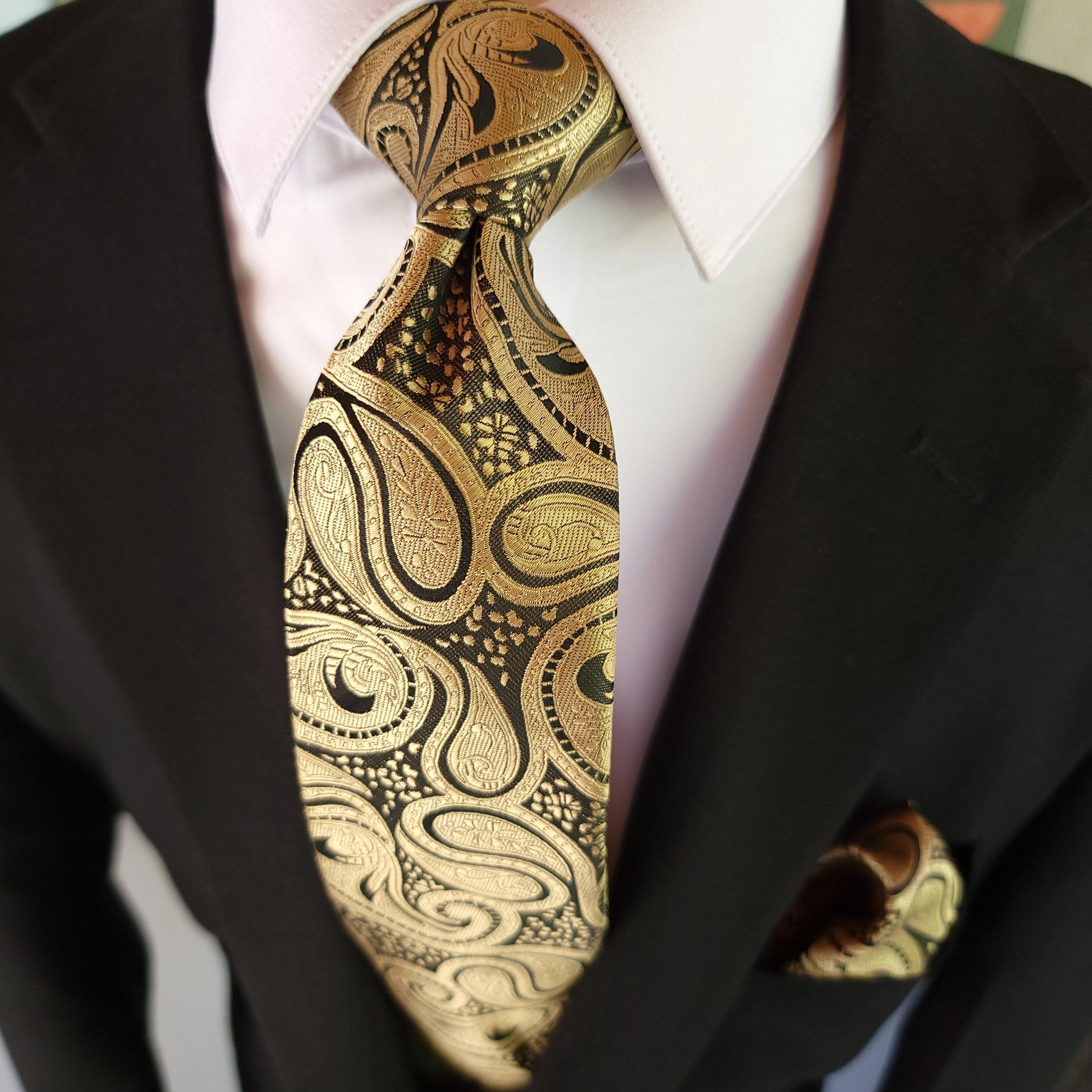 Black Gold Paisley Silk Tie Pocket Square Cufflink Set - Etsy