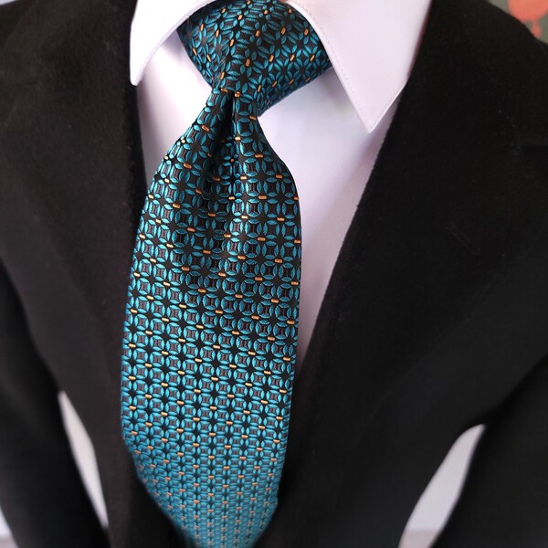 Teal Blue Geometric Silk Tie Pocket Square Cufflink Set