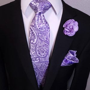 Purple Paisley Silk Tie Pocket Square Cufflink Set