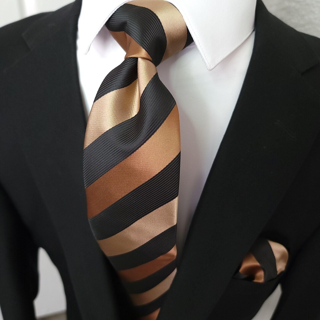 Extra Long Black Brown Stripe Tie Pocket Square Cufflink Set Etsy