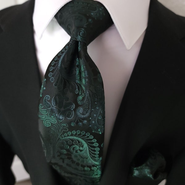 Dark Forest Green Paisley Silk Tie Pocket Square Cufflink Set