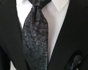 Schwarz Grau Floral Seide Krawatte Einstecktuch Manschettenknöpfe Set