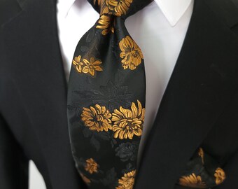 Black Gold Floral Silk Tie Pocket Square Cufflink Set