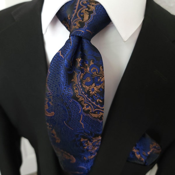 Navy Blue Gold Paisley Floral Silk Tie Pocket Square Cufflink Set