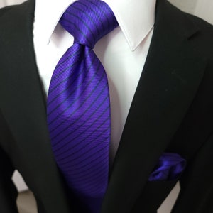 Purple Stripe Silk Tie Pocket Square Cufflink Set