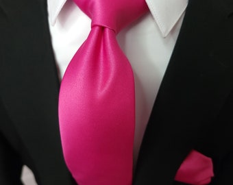 Hot Pink Solid Silk Tie Pocket Square Cufflink Set