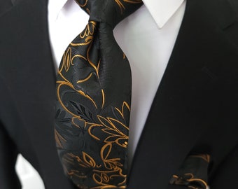 Black Gold Floral Pattern Silk Tie Pocket Square Cufflink Set