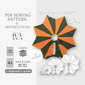 May include: A star-shaped Christmas tree skirt in orange and green, with a bow closure. The image also includes a PDF sewing pattern with instructions, available in four sizes. The text on the image says "Christmas Tree Skirt".