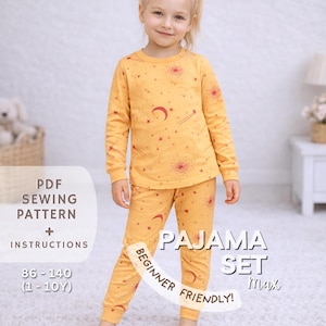 Molde em PDF para costura de pijama infantil, ideal para meninas e meninos. Tutorial fácil e imprimível em PDF. Modelo básico unissex de manga comprida para bebês e crianças pequenas, perfeito para iniciantes.