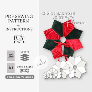 May include: A PDF sewing pattern for a Christmas tree skirt. The design features a flower shape with red and green velvet panels. The pattern includes instructions, multiple sizes, and is suitable for beginners.
