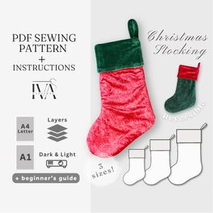 May include: A red and green Christmas stocking with a velvet texture. The image includes a smaller, reversible stocking and outlines for three sizes. Text reads "Christmas Stocking" and "PDF Sewing Pattern + Instructions".
