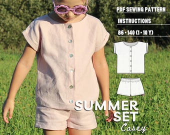 Summer Set PDF Sewing Pattern for Girl or Boy, Download Easy Printable PDF Tutorial, Toddler Unisex Basic Short Linen Set Beginner Friendly