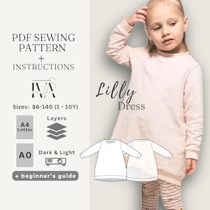 Sweatshirt Dress Sewing Pattern for Girl, Toddler Easy Long Sleeved Everyday Tunic DIY for Beginners, Download Printable PDF for Children