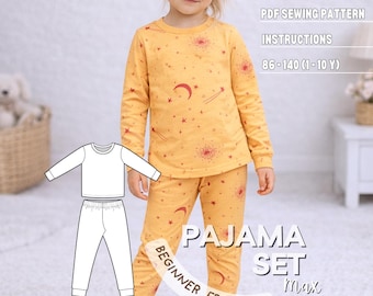 Kids Pajama Set PDF Sewing Pattern for Girl or Boy, Easy Printable PDF Tutorial, Toddler Unisex Basic Long Sleeve Beginner Friendly